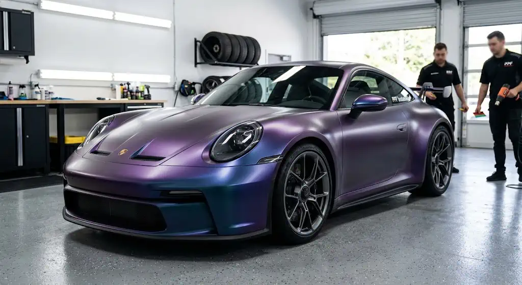 Illustration of a vehicle with vinyl wrap and Paint Protection Film inspection